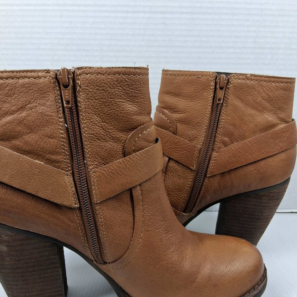 Korks Women Tan Leather Harness Ankle Boots Stacked Block Heel‎ Size 10 Q01426